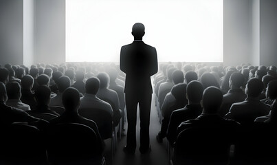 Fototapeta premium Public speaker talking in front of audience, Successful businessman holds business conference for the press, Speaker at Business Conference and Presentation