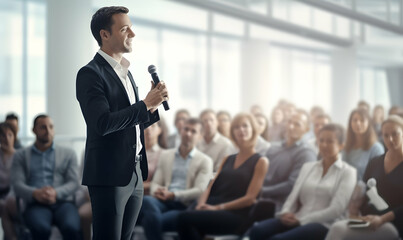 Public speaker talking in front of audience, Successful businessman holds business conference for the press, Speaker at Business Conference and Presentation