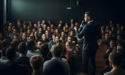 Naklejka premium Public speaker talking in front of audience, Successful businessman holds business conference for the press, Speaker at Business Conference and Presentation