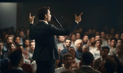 Fototapeta premium Public speaker talking in front of audience, Successful businessman holds business conference for the press, Speaker at Business Conference and Presentation
