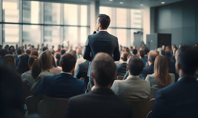 Obraz premium Public speaker talking in front of audience, Successful businessman holds business conference for the press, Speaker at Business Conference and Presentation