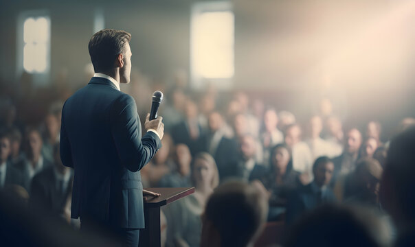 Public speaker talking in front of audience, Successful businessman holds business conference for the press, Speaker at Business Conference and Presentation