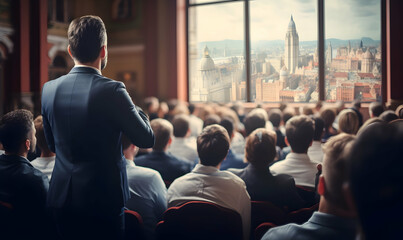 Fototapeta premium Public speaker talking in front of audience, Successful businessman holds business conference for the press, Speaker at Business Conference and Presentation