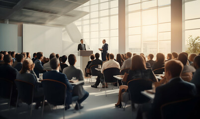 Public speaker talking in front of audience, Successful businessman holds business conference for the press, Speaker at Business Conference and Presentation