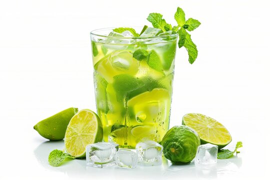 refreshing glass of cold lemonade with lime slices mint leaves and ice cubes isolated on white food photography