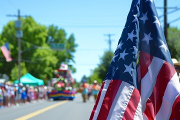 Close-up of the American flag waving in the foreground with a vibrant summer parade taking place in the background during 4 July, independence day of USA