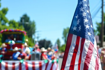 Close-up of the American flag waving in the foreground with a vibrant summer parade taking place in the background during 4 July, independence day of USA