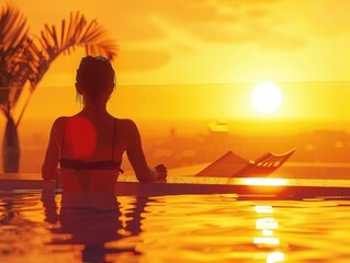 A person enjoying the sunset while sitting in a pool, great for travel or leisure related content
