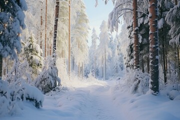 A serene snowy path surrounded by dense forest trees