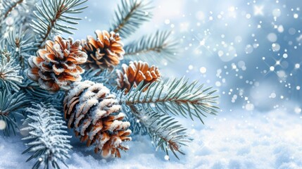 Close-up view of pine cones covered in snow