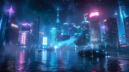 A vast futuristic city at night, featuring towering skyscrapers emitting blue and purple neon...