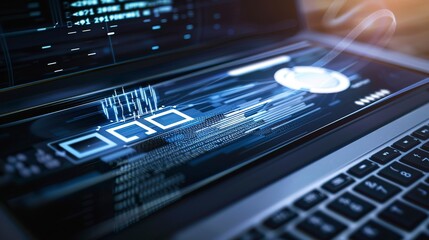 Close-up of a critical database update process on a laptop screen, progress bar loading, urgent atmosphere. 