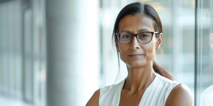 A woman wearing a white dress and glasses, possibly for formal or professional occasion