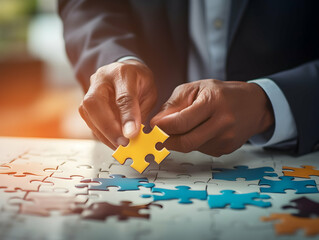 Business puzzle, Colorful 3D Business Puzzle, Business people joining puzzle together, teamwork and unity in business concept