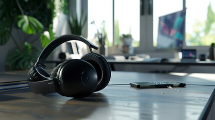 Close-up on noise-cancelling headphones at a remote work desk, essential tools for focused work, detailed texture. 