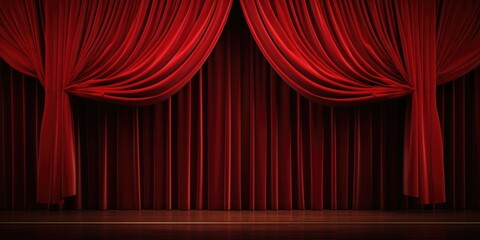 A backstage view of a theater stage with red curtains and a wooden floor, suitable for use in event or performance photography