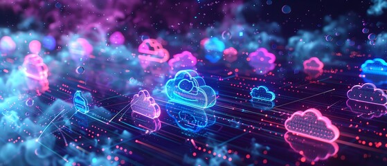 Futuristic data flow with cloud hologram and light codes, highlighting realtime analytics, AI integration, and blockchain for security