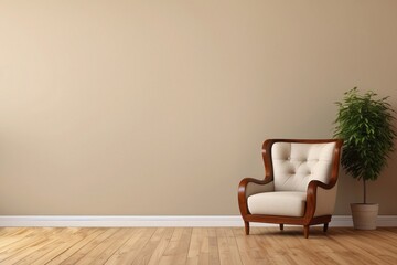 Interior home of living room with wooden armchair on beige wall copy space mock up, hardwood floor