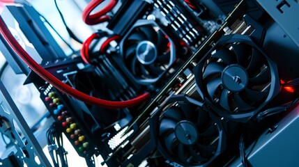 Graphic card installation into a gaming PC, close-up, essential hardware for high-end gaming, technical detail. 