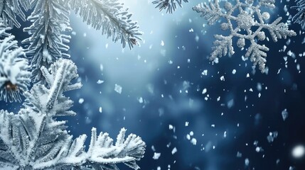 Obraz premium A solitary pine tree stands amidst a snowy landscape with falling snowflakes