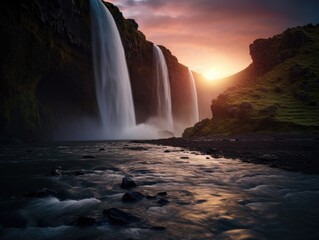 Fototapeta premium A serene waterfall surrounded by lush greenery and illuminated by a stunning sunset
