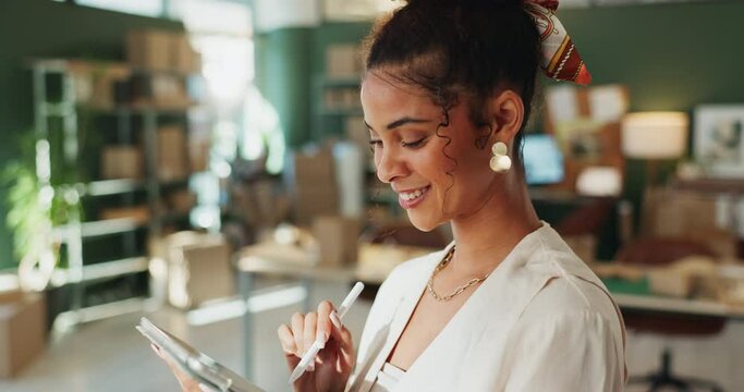 Business, smile or girl on graphics tablet in office for design, creative or app development, art or sketch. Writing, planning or front end developer with digital stylus for ecommerce website editing