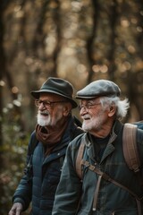 Fototapeta premium Older men on a hike in the woods, carrying backpacks and enjoying nature