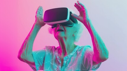 Old woman wearing a virtual reality headset, possible futuristic concept or sci-fi scene