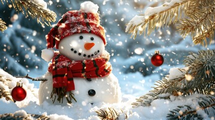 Obraz premium A snowman wearing a bright red hat and matching scarf stands out against the snowy background
