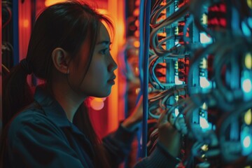 Obraz premium A woman sits at a desk in a server room, typing away on her computer