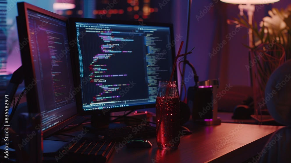 Wall mural Close-up of a programmerâ€™s desk at night, energy drink beside dual screens with glowing code, intense focus. 