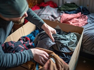 A person placing clothing items into a box on a bed, possibly preparing for travel or organizing their belongings