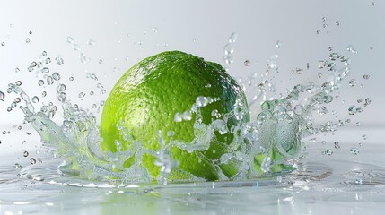 A fresh lime submerged in water, with droplets of water splashing around it