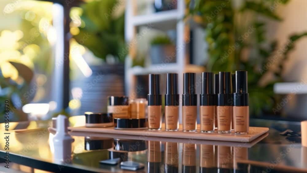 Poster a close-up view of foundation bottles arranged on a wooden tray in a studio setting, with a glass ta