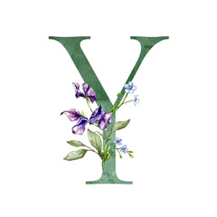 Floral Alphabet letter with botanical bouquet. Wedding watercolor hand painted invitations, daisy, sweet peas, herb, meadow flowers, greeting card, birthday, logo, poster 