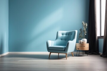 Interior home of living room with blue armchair on empty blue wall copy space mock up