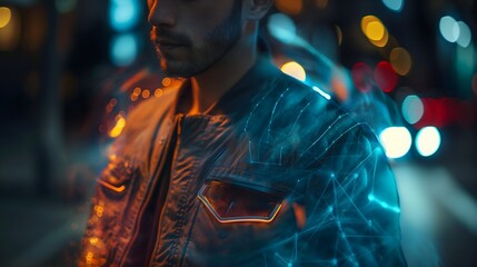6. Illustrate the versatility of flexible batteries with a visually captivating scene featuring wearable electronics seamlessly integrated into everyday clothing.
