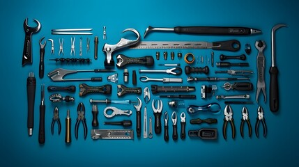 Fototapeta premium Top view design concept of Father's day with working tools on blue background. 