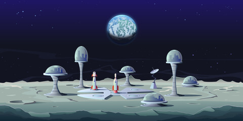 Lunar space base with a spaceport on the surface of the moon. Lunar landscape with planet earth above the horizon, modular buildings of colonists under a protective dome. Sci-fi cartoon vector.