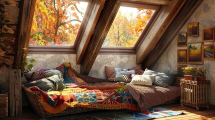 cozy attic bedroom background wallpaper, nature relaxing room concept for designer