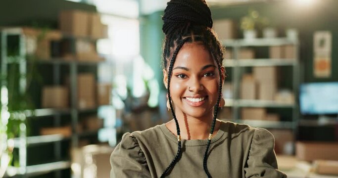 Happy, businesswoman and logistics manager in shipping warehouse with boxes for supply chain. Smile, female person and startup in portrait with packages for distribution and delivery for ecommerce