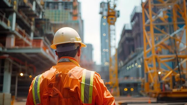 While inspecting a crane in operation the site manager ensures that all safety protocols are being followed.