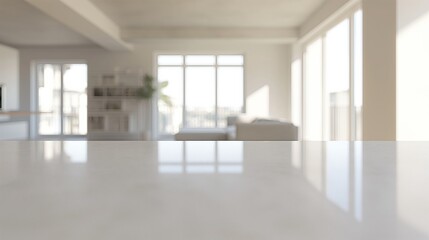 Fototapeta premium White marble countertop in modern living room with large windows.