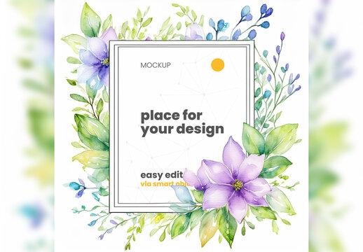 Illustrated Poster Frame Mockup with Plants and Flowers 02 Generative Ai