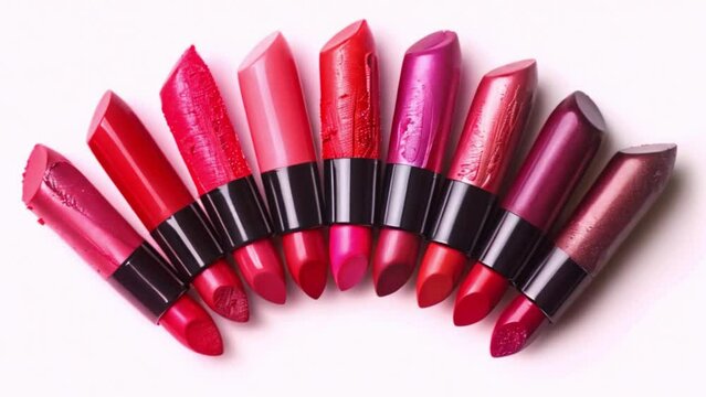 A collection of various colored lipsticks are arranged in a semi-circle on a white background.