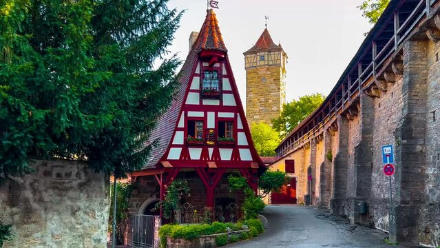 German traditional architecture half-timbered houses in historical center Rothenburg ob der Tauber, Bavaria, Middle Franconia, Germany, July 17, 2023. 