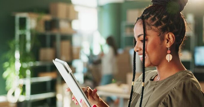 Businesswoman, tablet and small business with happy, delivery and boxes as retailer in online, store and warehouse. Female person, smile and entrepreneur in shop on tech for client, schedule and sale