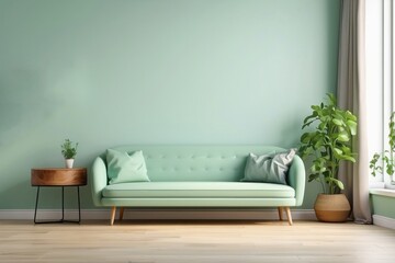 Interior home of living room with mint green sofa and green plants on wall, Parquet floor