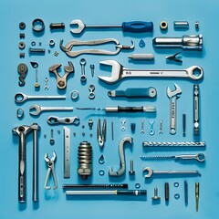 Obraz premium Top view design concept of Father's day with working tools on blue background. 