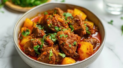 Asian inspired Beef bhuna dry curry with potatoes in a ceramic dish on a white backdrop
